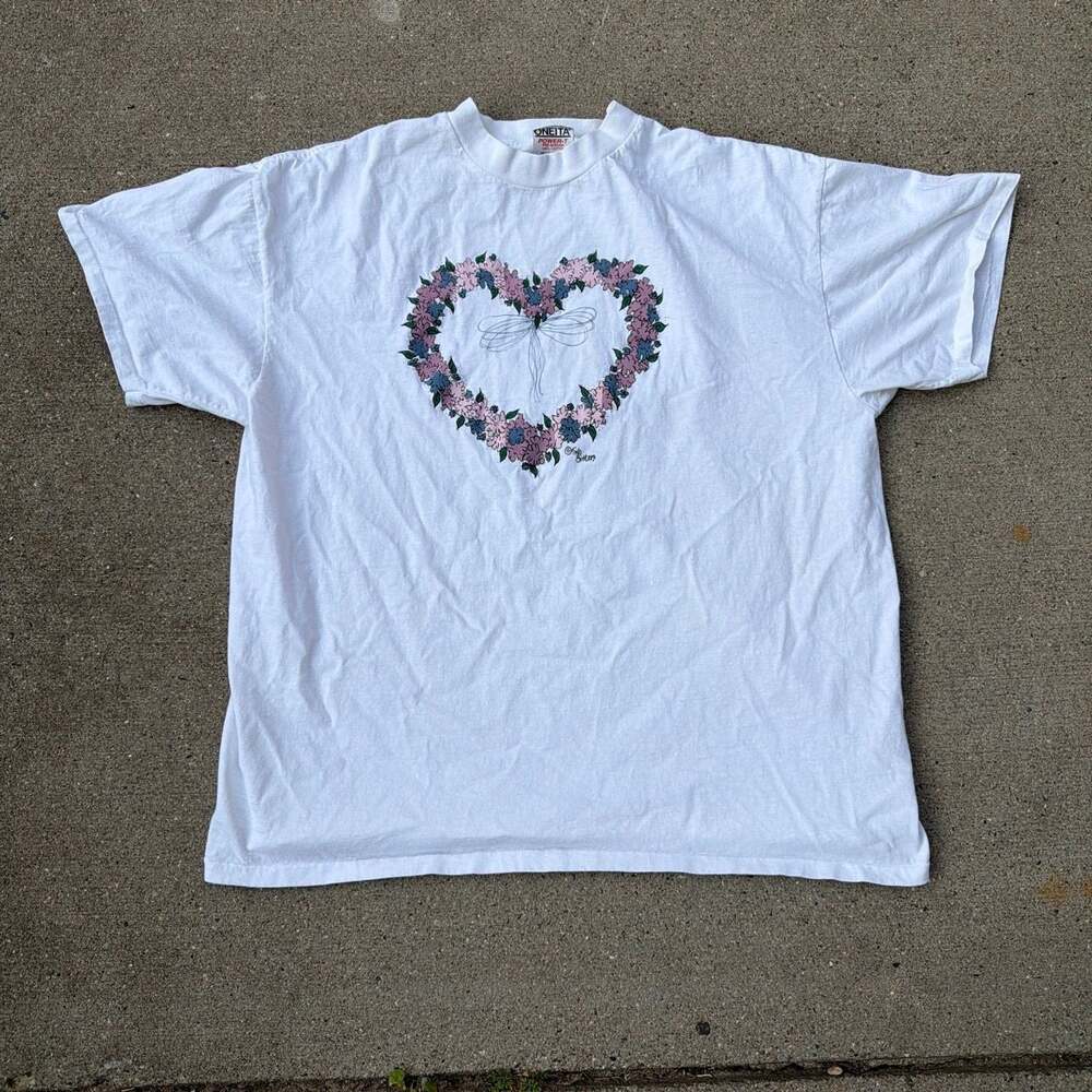 Vintage 90s Oneita Power-T Two Sisters Floral Heart Graphic T-Shirt